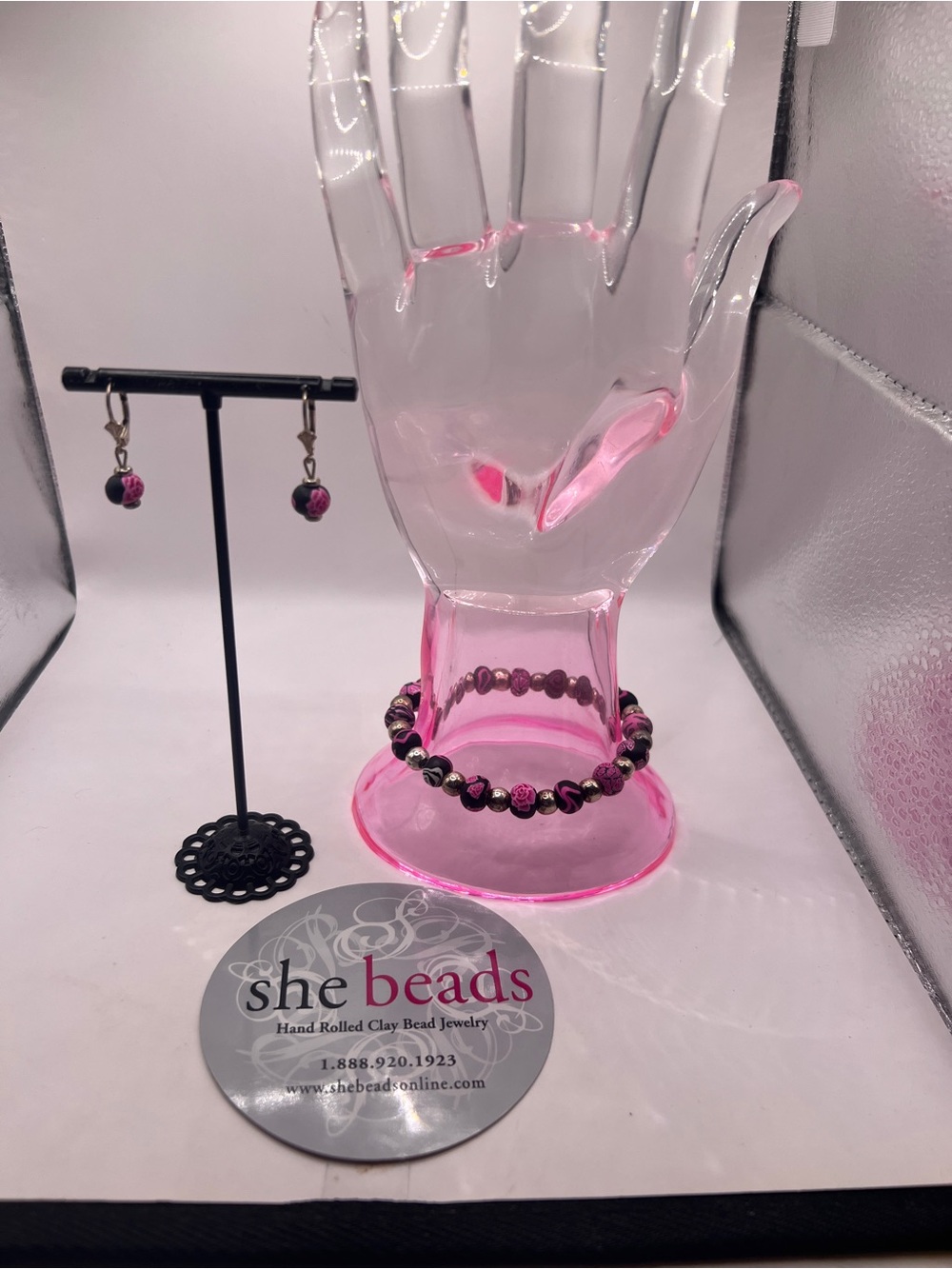 She Beads hand rolled Clay Bead bracelet and earrings set Breast Cancer Awarenes